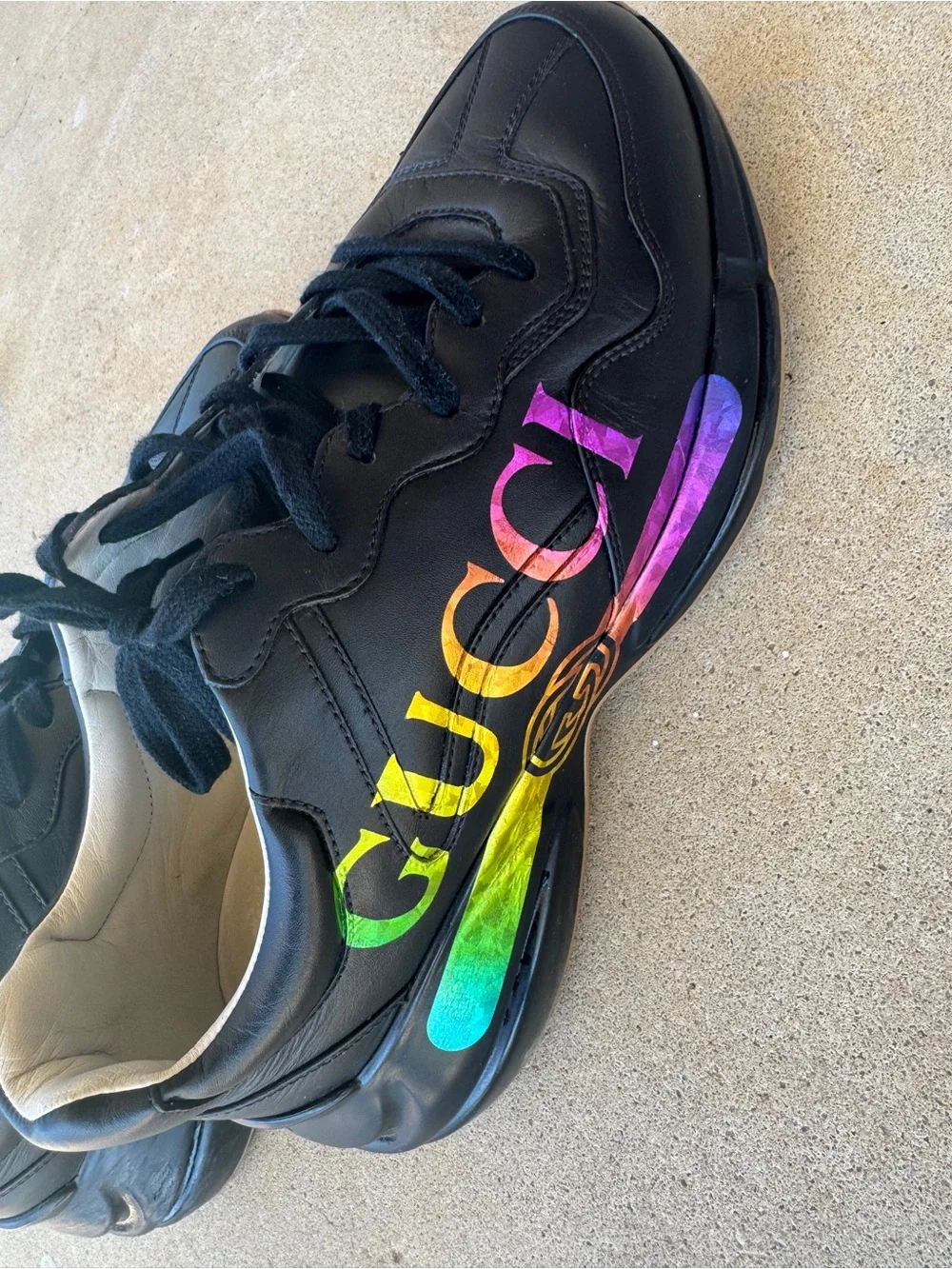 Gucci Black Leather Sneakers with Rainbow Script